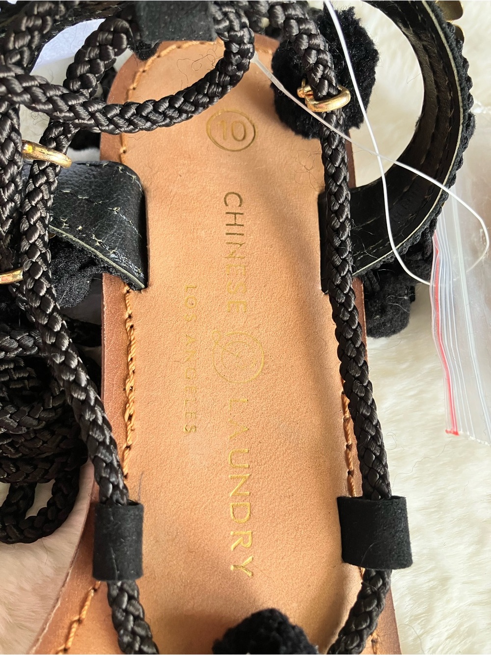 NWOB Chinese Laundry Black Braided Pom-Pom Gladiator Sandals - Picture 3 of 6